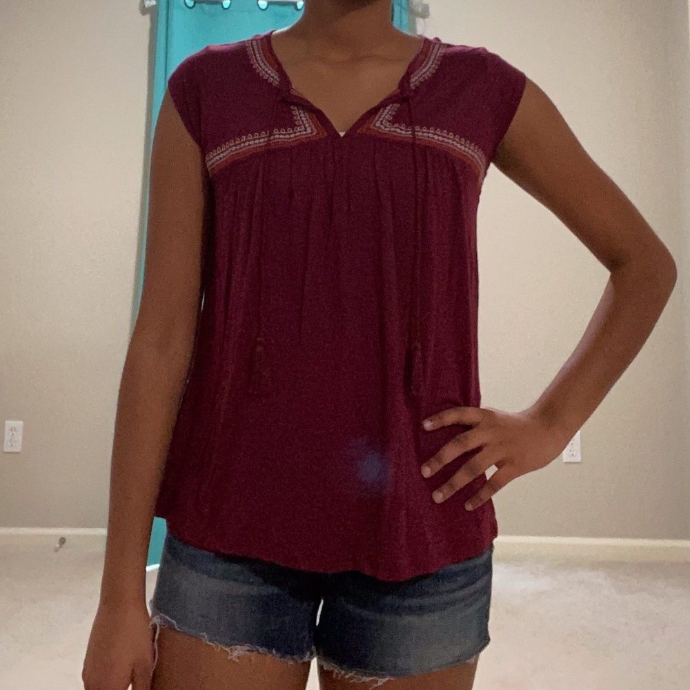 Maroon Tassel Blouse with Embroidery